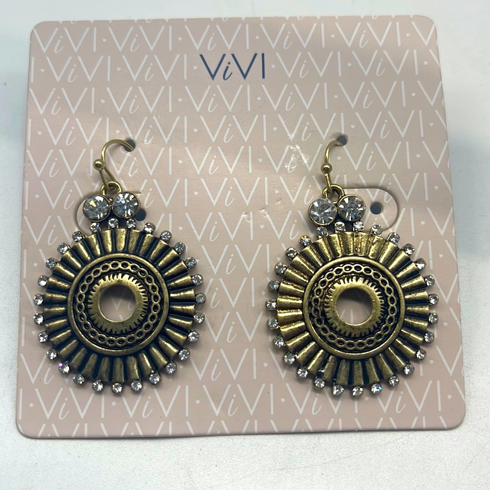 NWT ViVl Antique Gold Ornate Rhinestone Round Earrings